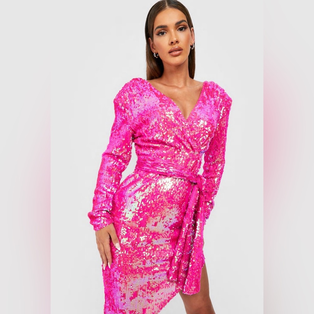 SEQUIN PLUNGE DRAPED MIDI PARTY DRESS